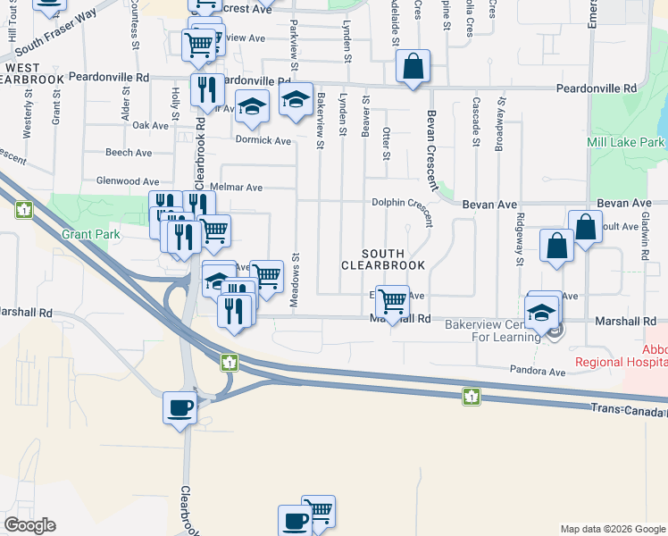 map of restaurants, bars, coffee shops, grocery stores, and more near 2083 Lynden Street in Abbotsford