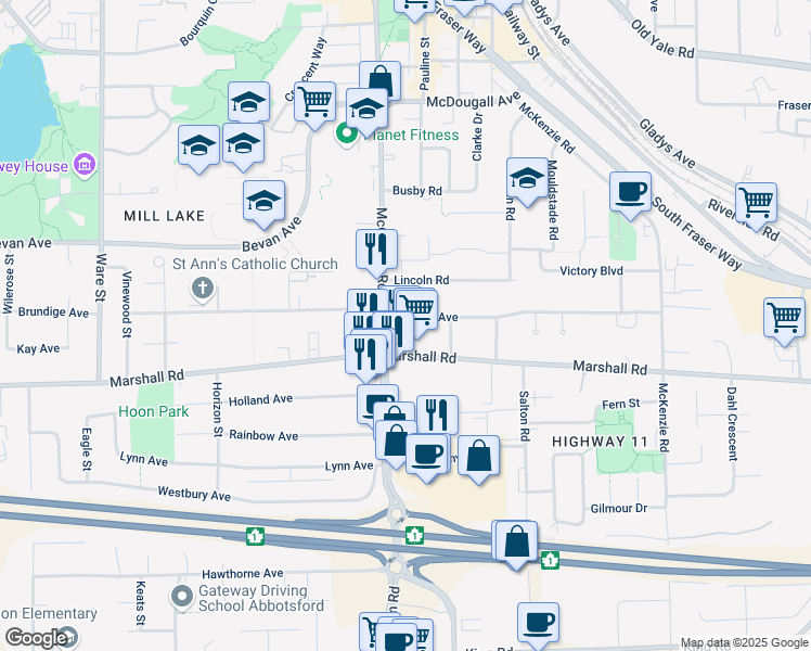 map of restaurants, bars, coffee shops, grocery stores, and more near 2016 McCallum Road in Abbotsford