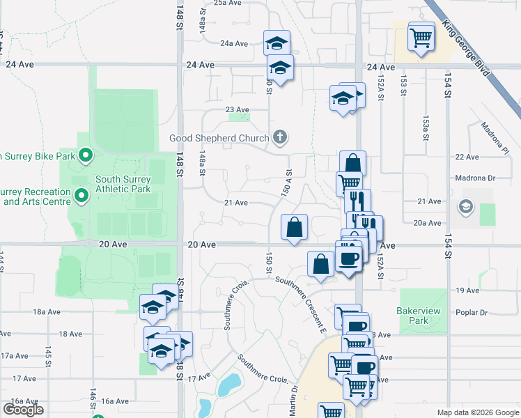 map of restaurants, bars, coffee shops, grocery stores, and more near in Surrey