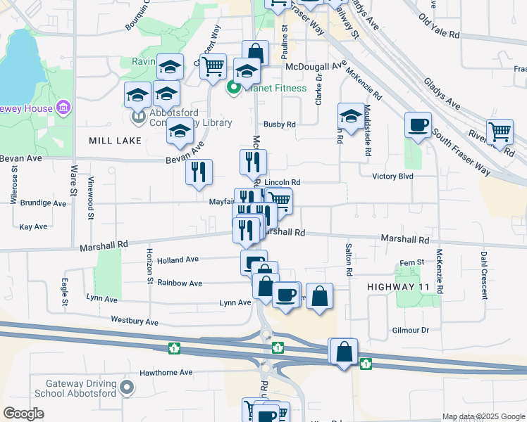 map of restaurants, bars, coffee shops, grocery stores, and more near 2060 McCallum Road in Abbotsford