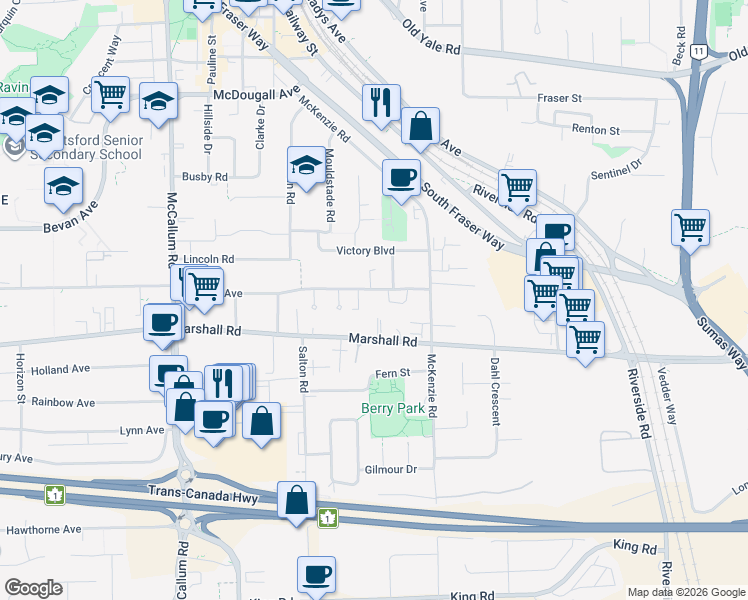 map of restaurants, bars, coffee shops, grocery stores, and more near 33918 Mayfair Avenue in Abbotsford