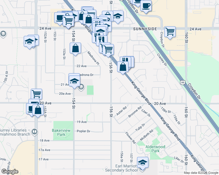 map of restaurants, bars, coffee shops, grocery stores, and more near 2083 156 Street in Surrey