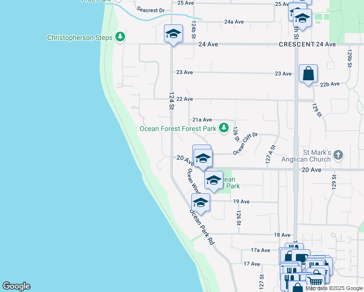 map of restaurants, bars, coffee shops, grocery stores, and more near 12438 Ocean Breeze Place in Surrey