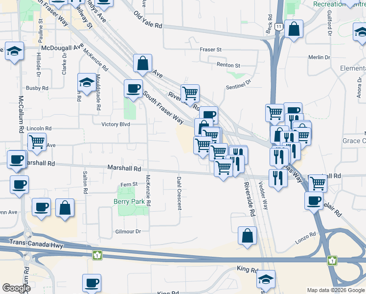 map of restaurants, bars, coffee shops, grocery stores, and more near 34100 South Fraser Way in Abbotsford