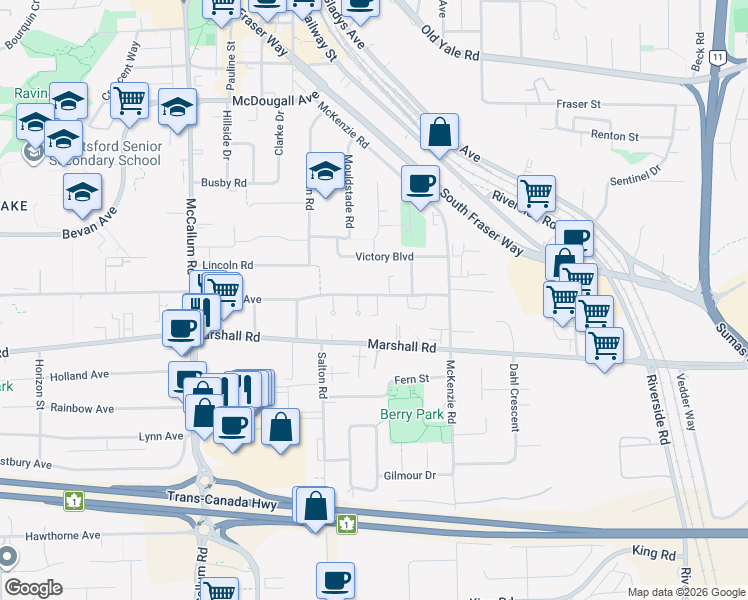 map of restaurants, bars, coffee shops, grocery stores, and more near 33884 Mayfair Avenue in Abbotsford