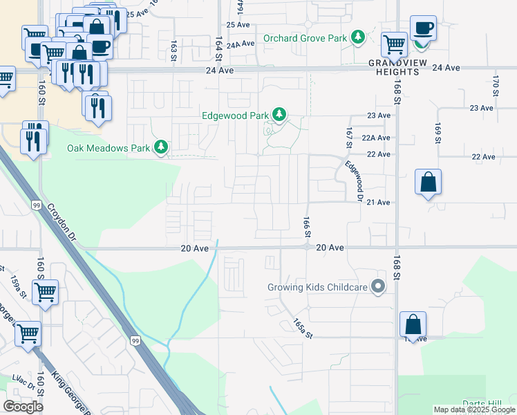 map of restaurants, bars, coffee shops, grocery stores, and more near 2066 165 Street in Surrey