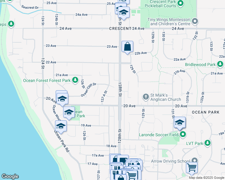 map of restaurants, bars, coffee shops, grocery stores, and more near 12766 Ocean Cliff Drive in Surrey