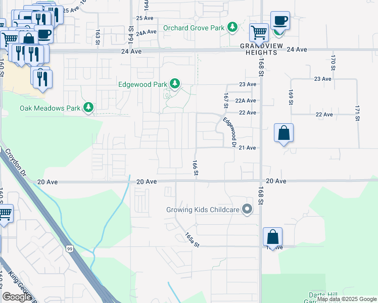 map of restaurants, bars, coffee shops, grocery stores, and more near 16586 21 Avenue in Surrey