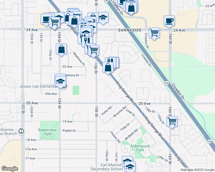 map of restaurants, bars, coffee shops, grocery stores, and more near Bowler Place in Surrey