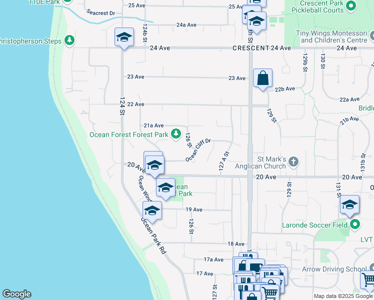 map of restaurants, bars, coffee shops, grocery stores, and more near 2083 126 Street in Surrey