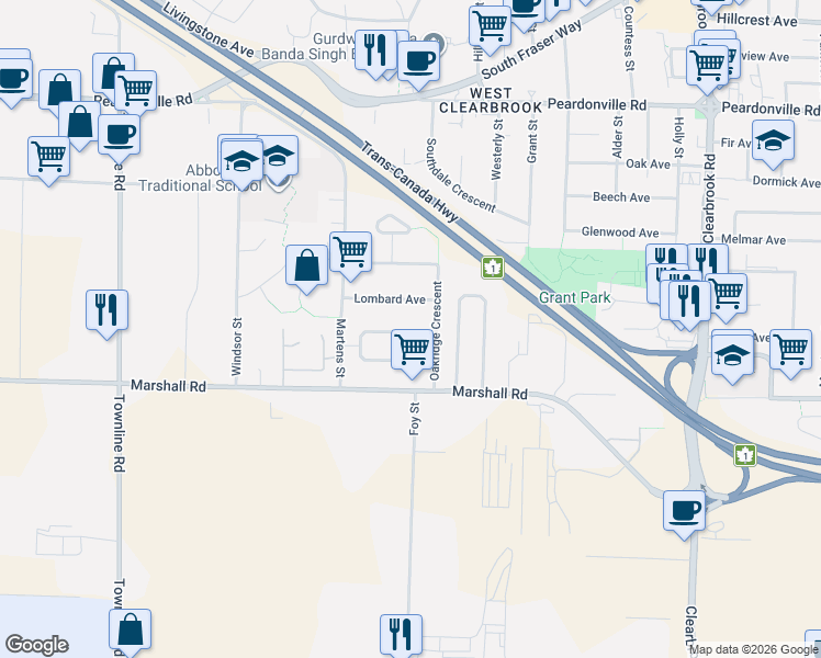 map of restaurants, bars, coffee shops, grocery stores, and more near 31536 Monarch Court in Abbotsford