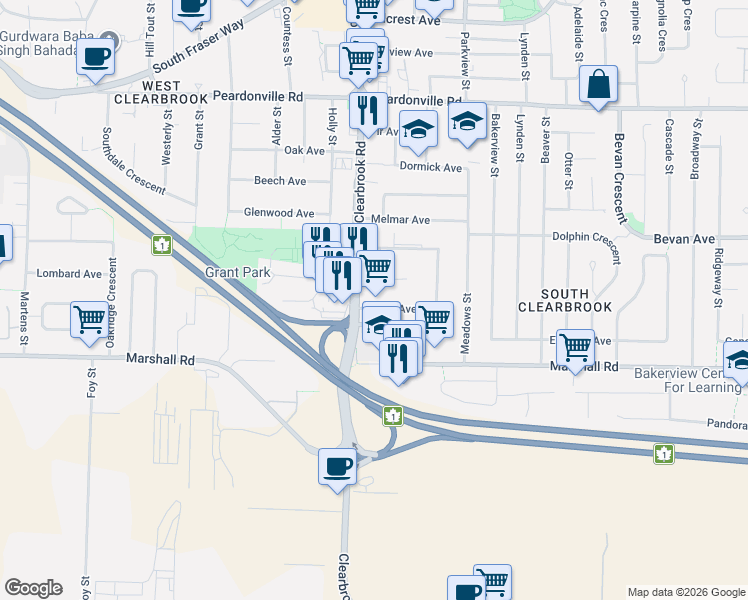 map of restaurants, bars, coffee shops, grocery stores, and more near 32012 Joyce Avenue in Abbotsford