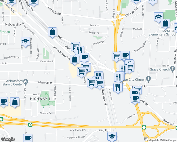 map of restaurants, bars, coffee shops, grocery stores, and more near 34220 South Fraser Way in Abbotsford