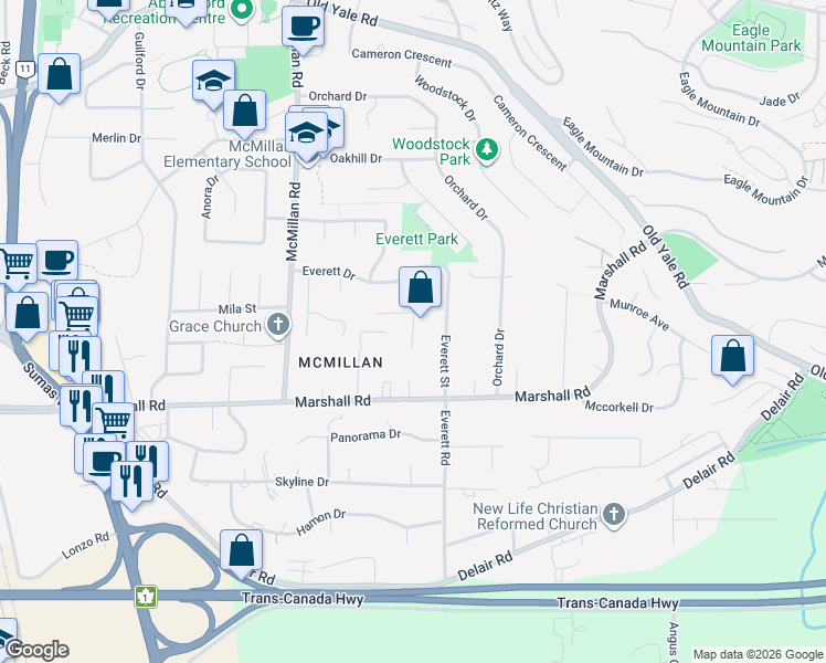 map of restaurants, bars, coffee shops, grocery stores, and more near 2067 Essex Drive in Abbotsford