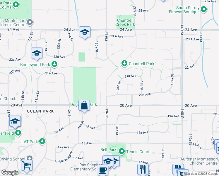map of restaurants, bars, coffee shops, grocery stores, and more near 2080 136 Street in Surrey