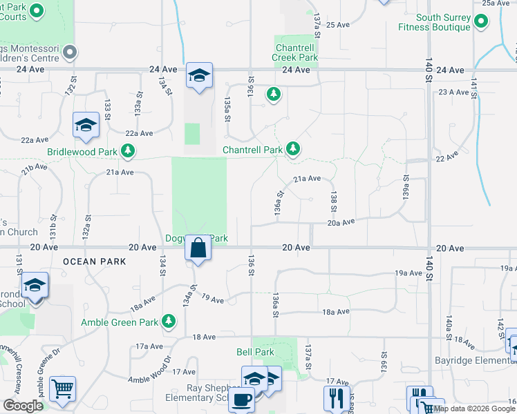 map of restaurants, bars, coffee shops, grocery stores, and more near 2080 136 Street in Surrey