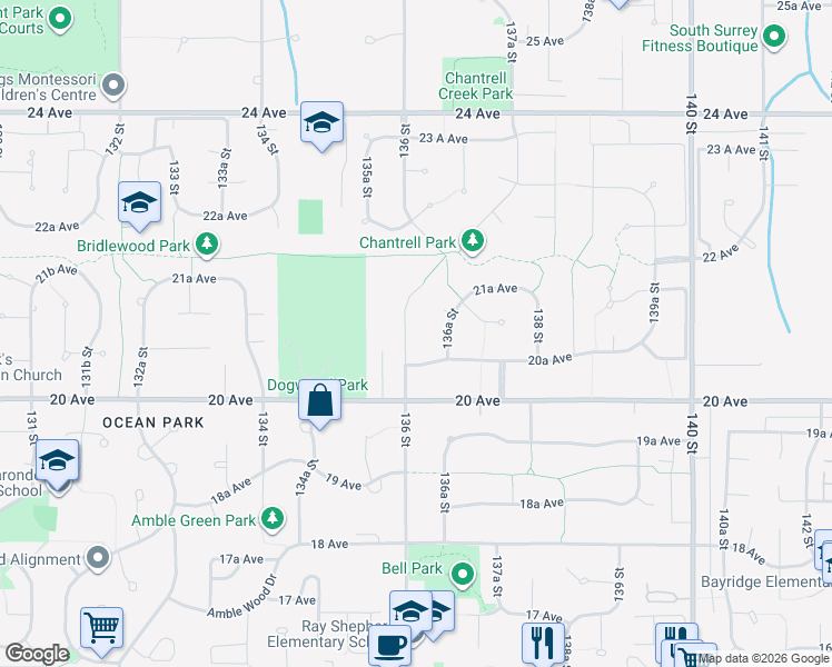 map of restaurants, bars, coffee shops, grocery stores, and more near 2080 136 Street in Surrey