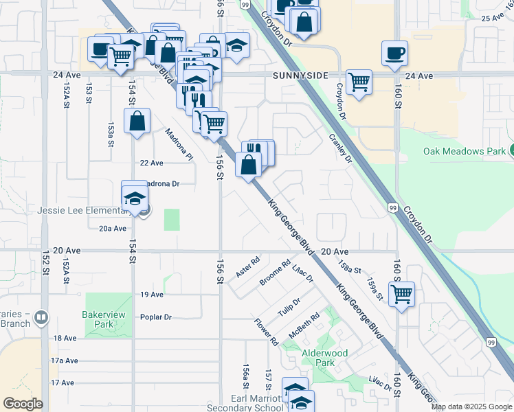 map of restaurants, bars, coffee shops, grocery stores, and more near 2096 Bowler Drive in Surrey
