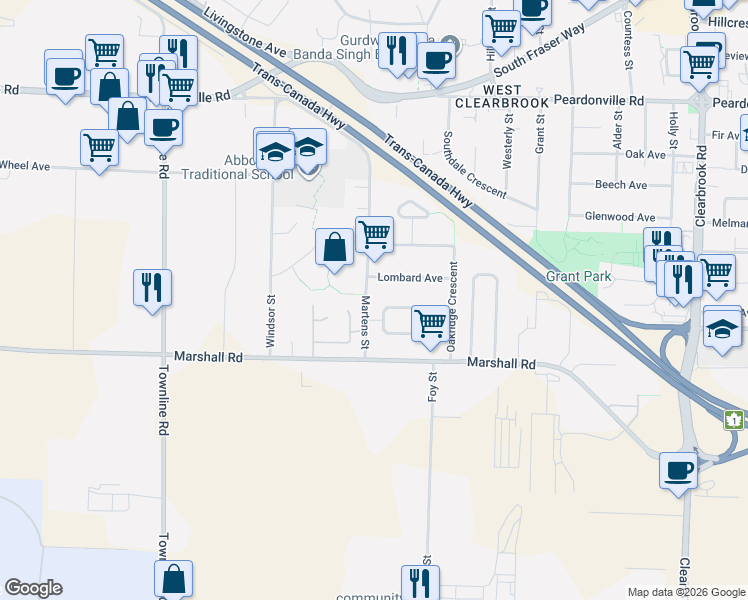 map of restaurants, bars, coffee shops, grocery stores, and more near 2096 Martens Street in Abbotsford