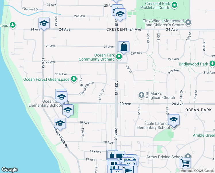 map of restaurants, bars, coffee shops, grocery stores, and more near 12752 Ocean Cliff Drive in Surrey