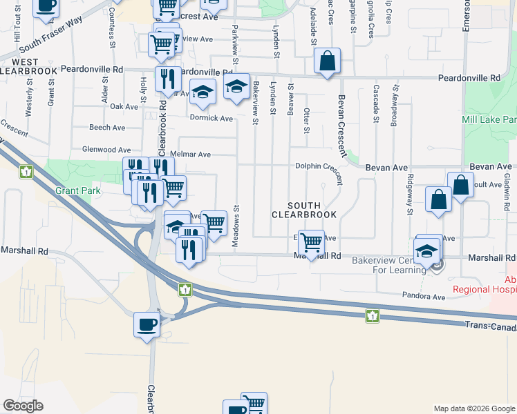 map of restaurants, bars, coffee shops, grocery stores, and more near 2104 Bakerview Street in Abbotsford