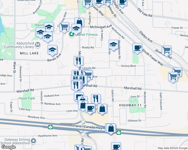map of restaurants, bars, coffee shops, grocery stores, and more near in Abbotsford