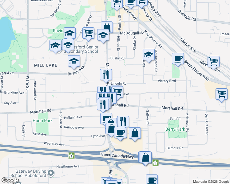 map of restaurants, bars, coffee shops, grocery stores, and more near 33643 Mayfair Avenue in Abbotsford