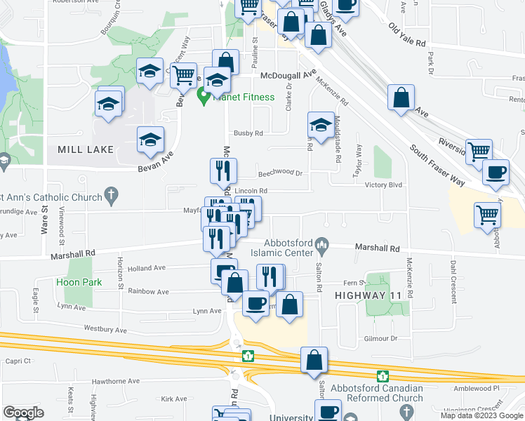 map of restaurants, bars, coffee shops, grocery stores, and more near 33681 Mayfair Avenue in Abbotsford