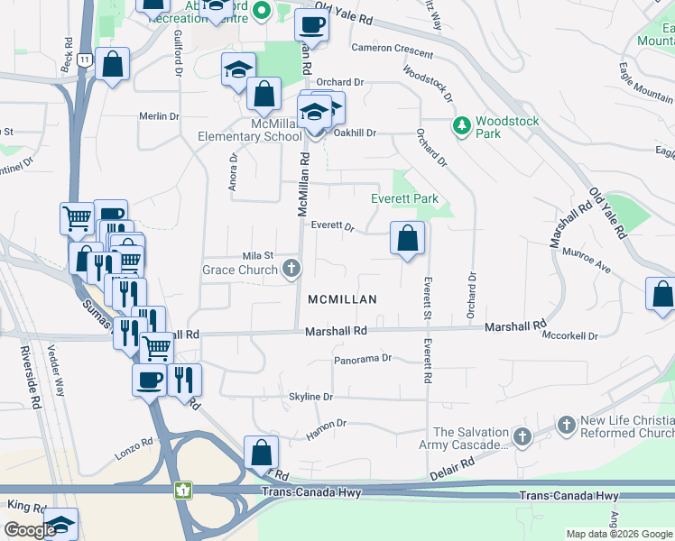 map of restaurants, bars, coffee shops, grocery stores, and more near 34866 Everson Place in Abbotsford