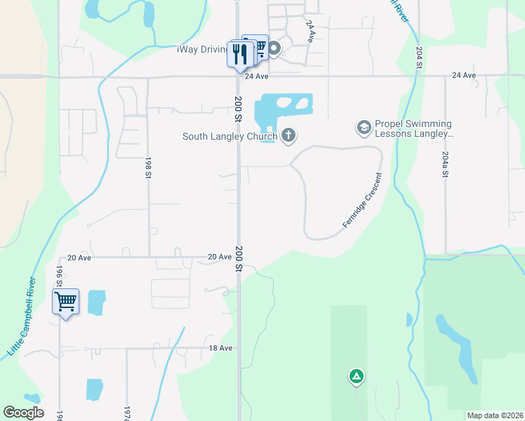 map of restaurants, bars, coffee shops, grocery stores, and more near 2102 200 Street in Langley Township