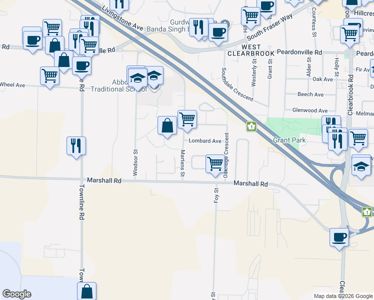 map of restaurants, bars, coffee shops, grocery stores, and more near 31519 Lombard Avenue in Abbotsford