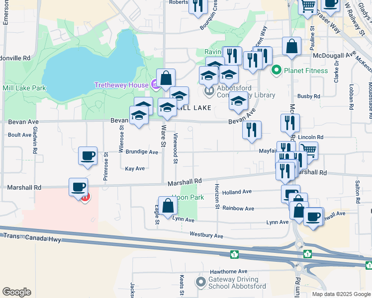 map of restaurants, bars, coffee shops, grocery stores, and more near 33267 Mayfair Avenue in Abbotsford