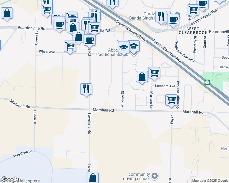 map of restaurants, bars, coffee shops, grocery stores, and more near 2098 Carpenter Street in Abbotsford
