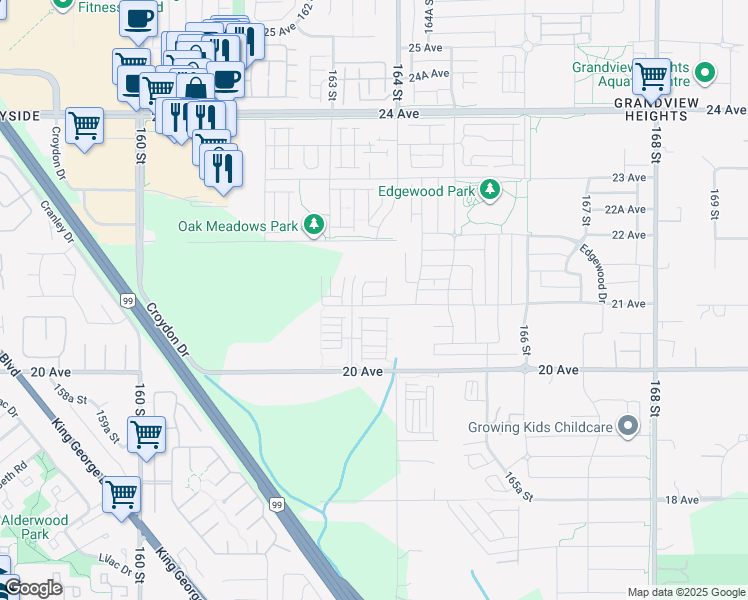map of restaurants, bars, coffee shops, grocery stores, and more near 16355 21 Avenue in Surrey