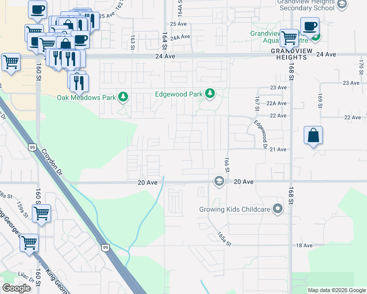 map of restaurants, bars, coffee shops, grocery stores, and more near 16477 21 Avenue in Surrey