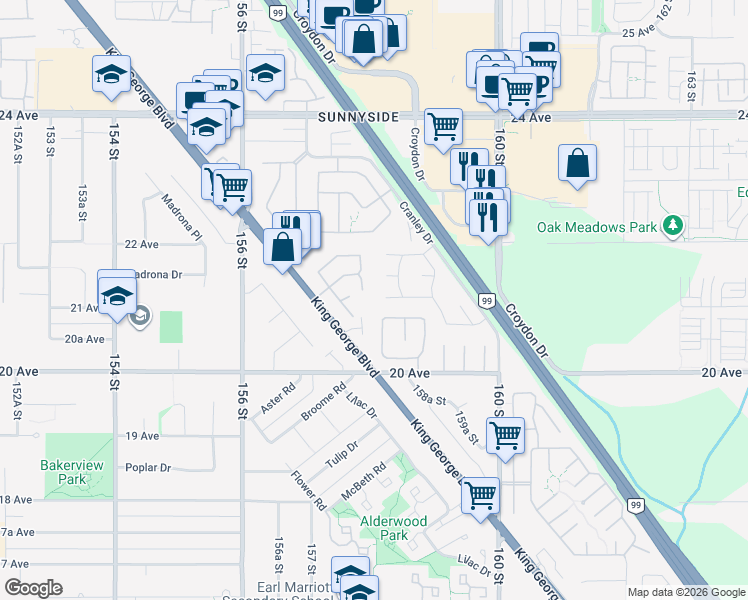 map of restaurants, bars, coffee shops, grocery stores, and more near in Surrey