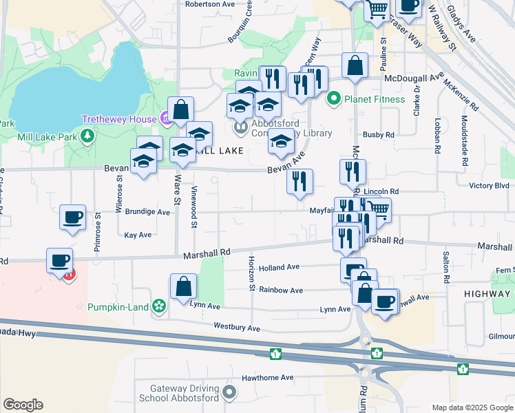 map of restaurants, bars, coffee shops, grocery stores, and more near 33375 Mayfair Avenue in Abbotsford
