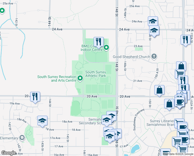 map of restaurants, bars, coffee shops, grocery stores, and more near 2197 148 Street in Surrey