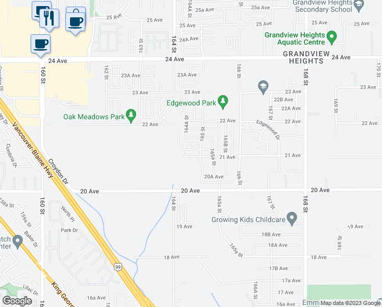 map of restaurants, bars, coffee shops, grocery stores, and more near 16477 21 Avenue in Surrey