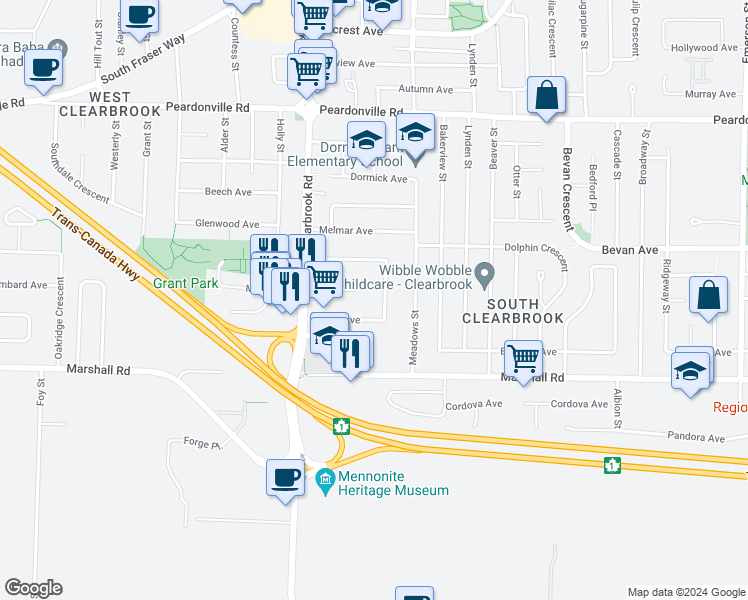 map of restaurants, bars, coffee shops, grocery stores, and more near 2141 Sherwood Crescent in Abbotsford