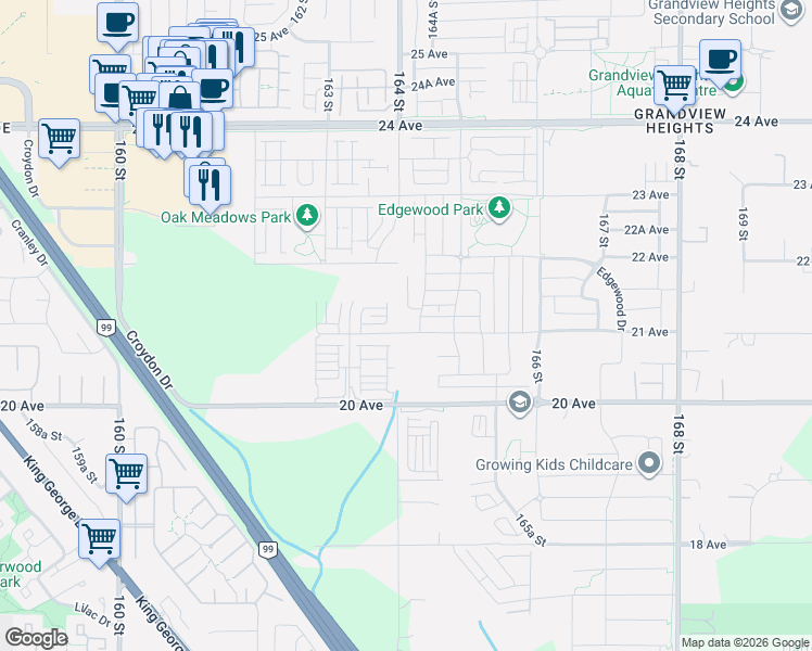 map of restaurants, bars, coffee shops, grocery stores, and more near 2127 164A Street in Surrey