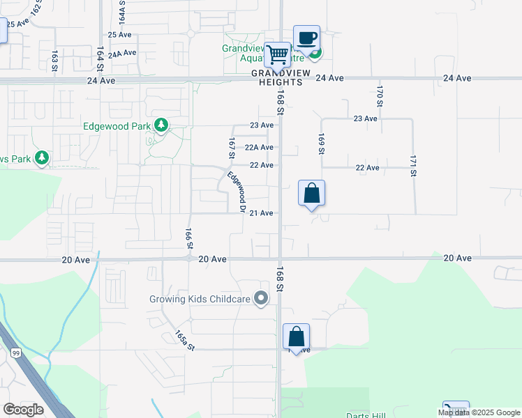 map of restaurants, bars, coffee shops, grocery stores, and more near 16775 21 Avenue in Surrey