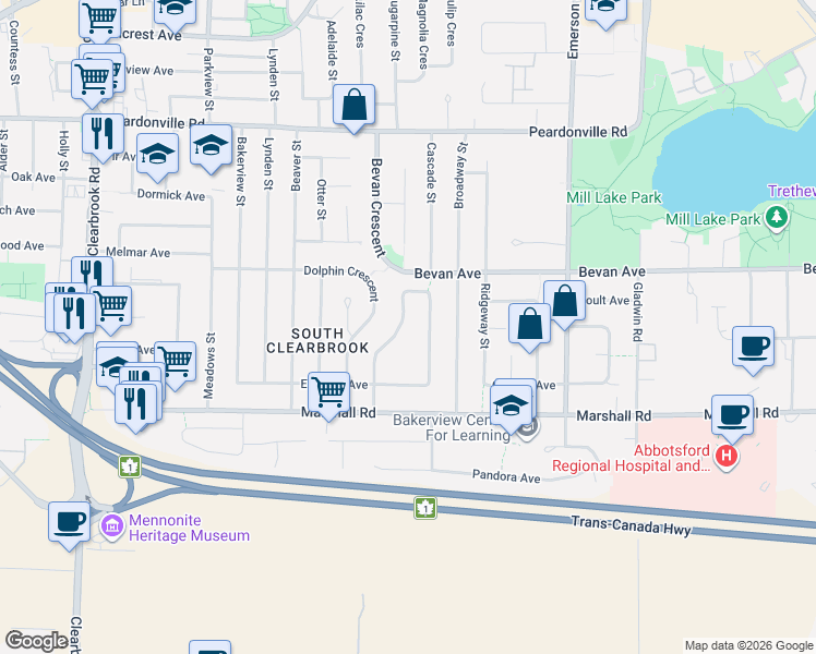 map of restaurants, bars, coffee shops, grocery stores, and more near 2047 Majestic Crescent in Abbotsford