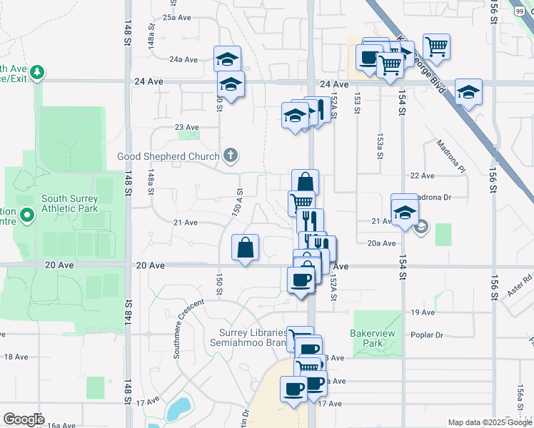 map of restaurants, bars, coffee shops, grocery stores, and more near 15055 20 Avenue in Surrey