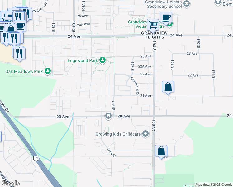 map of restaurants, bars, coffee shops, grocery stores, and more near 2112 166 Street in Surrey