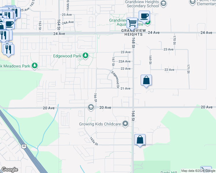 map of restaurants, bars, coffee shops, grocery stores, and more near 16683 21 Avenue in Surrey