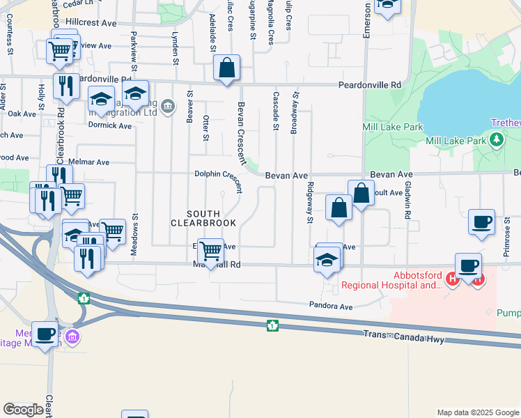 map of restaurants, bars, coffee shops, grocery stores, and more near 2046 Majestic Crescent in Abbotsford