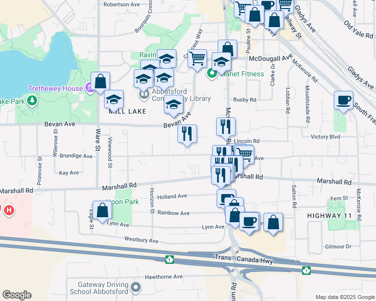 map of restaurants, bars, coffee shops, grocery stores, and more near 33477 Mayfair Avenue in Abbotsford