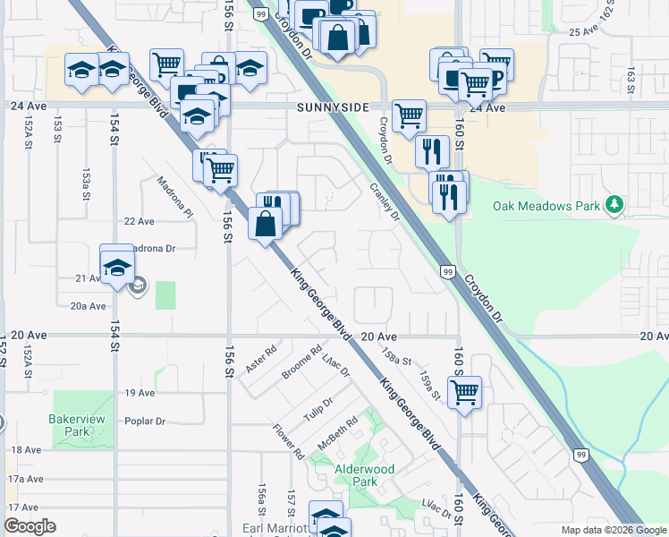 map of restaurants, bars, coffee shops, grocery stores, and more near 2120 King George Boulevard in Surrey
