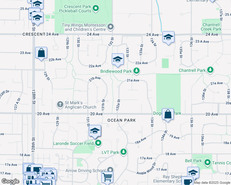 map of restaurants, bars, coffee shops, grocery stores, and more near 2099 132A Street in Surrey